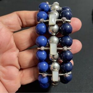 Bold Stretch Bead Bracelet - Blue & Silver Multi-Strand Statement Jewelry
